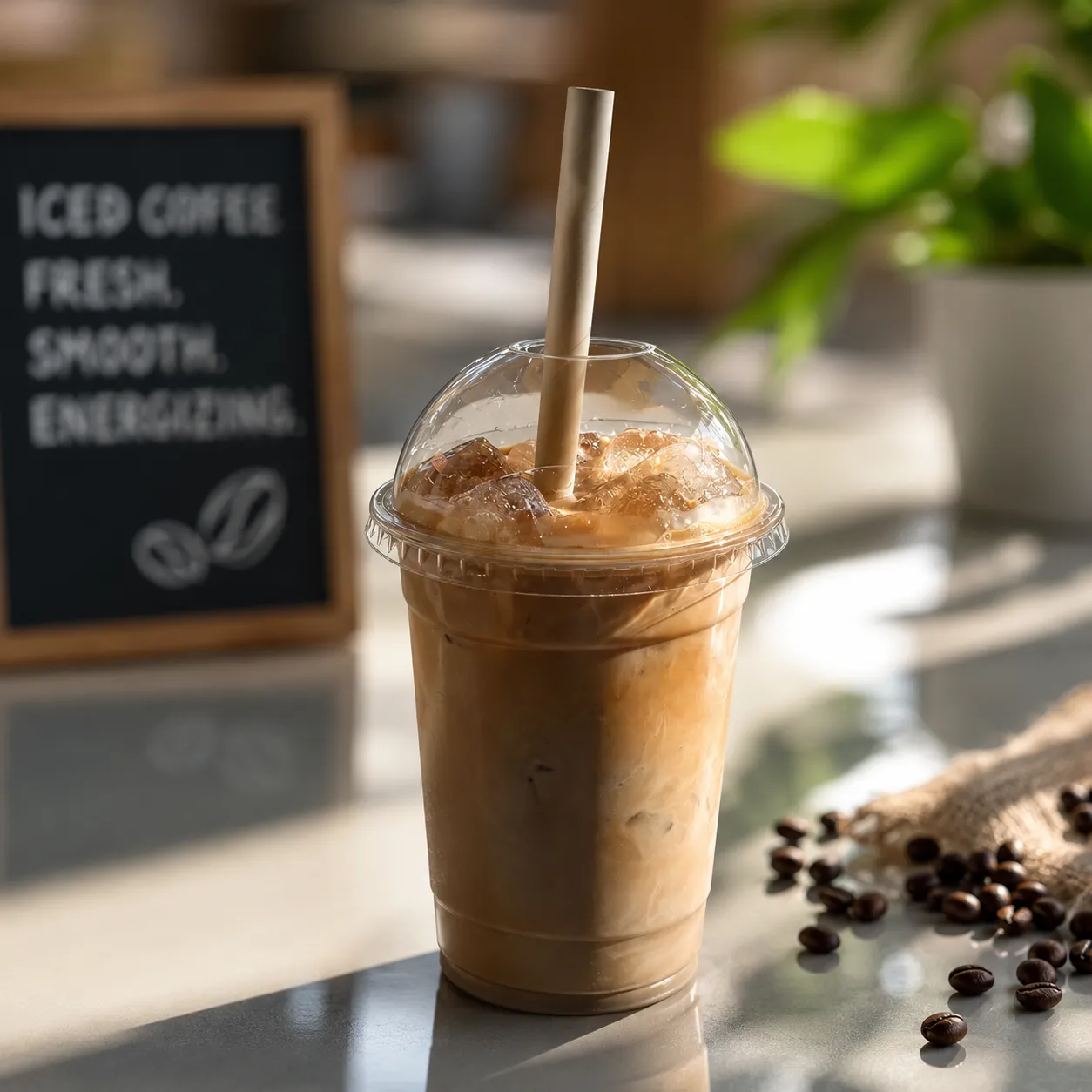 Iced coffee on the van bench