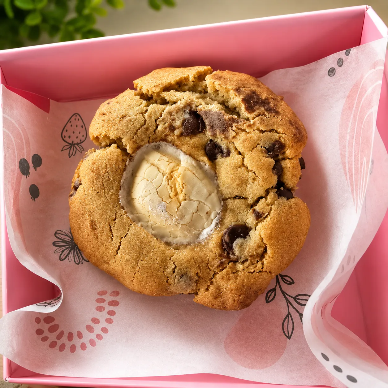 Stuffed chocolate chip cookie fresh from the oven