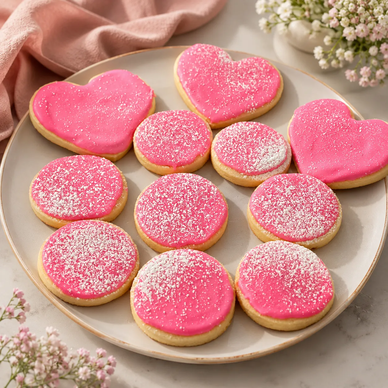 Pink iced shortbread cookies
