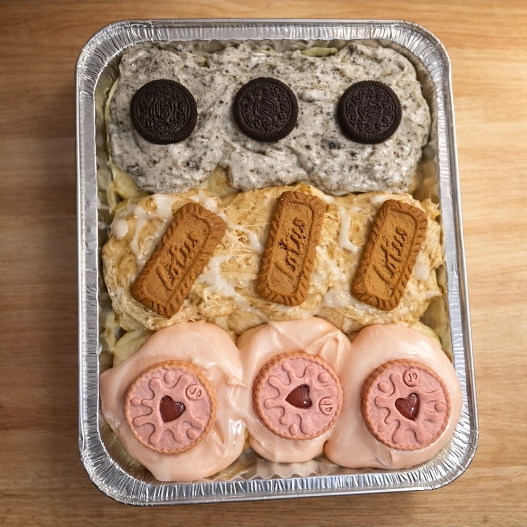 Homemade tray bake with Oreo, Lotus and Jammie biscuits